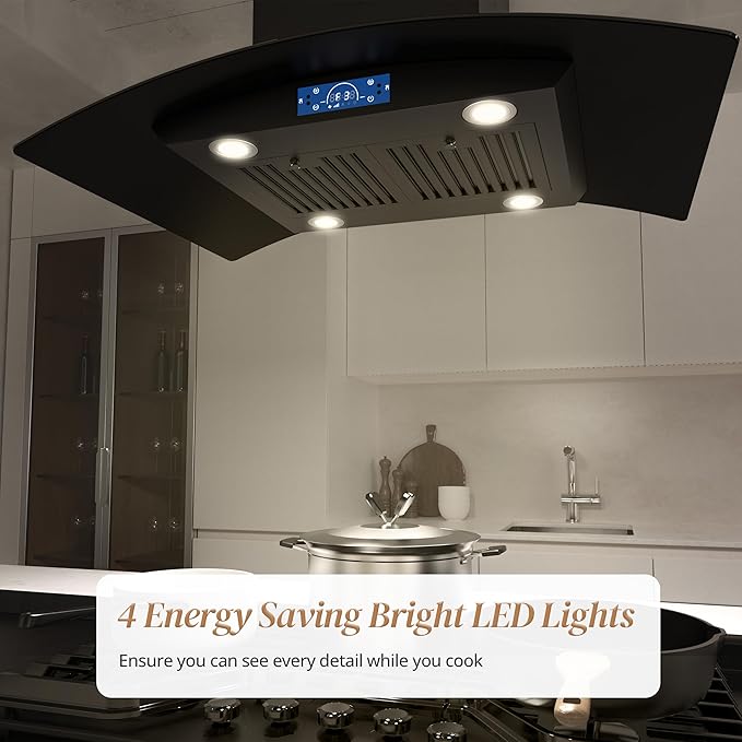 FIREGAS Black Island Range Hood 36 Inch, 700 CFM Ductless/Ducted Ceiling Mount Range Hood with 3 Speed Fan, Gesture, Remote & Touch Control, LED Light Vent Hood for Kitchen