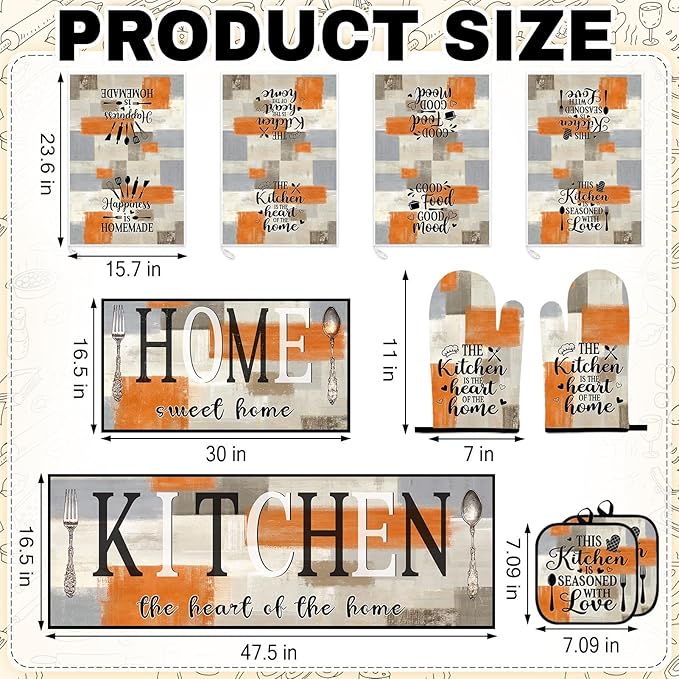 10 Pcs Orange Beige Kitchen Decor and Accessories Set, 4 Dish Towels Kitchen Rugs 2 Oven Mitts 2 Pot Holders, Home Decor for Cooking Baking BBQ Gifts Women Mom Housewarming
