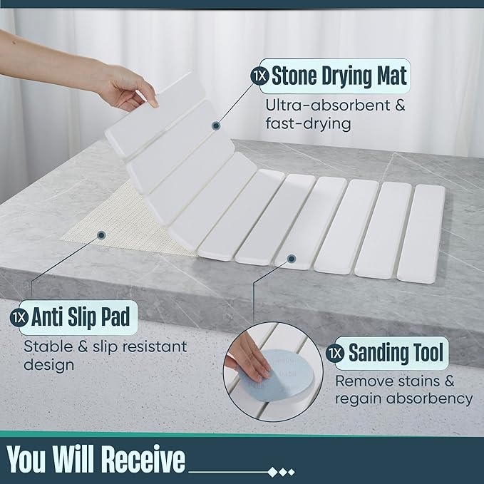 Stone Drying Mat for Kitchen Counter, 24"x16" Large Collapsible Dish Drying Mat with Non-Slip Pad and Sandpaper, Rolling Design, Quick Dry for Dishes, Bottles, Utensils