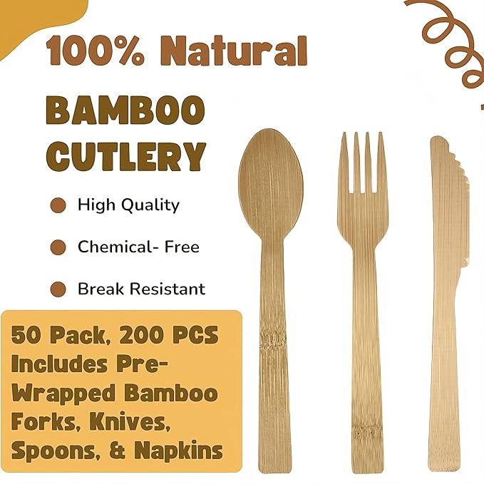 Premium Pre Rolled Bamboo Cutlery Set - 200 Pieces Natural Bamboo Cutlery - 50 Pack Compostable Utensils(50 Forks, 50 Knives, 50 Spoons, 50 Napkins), BIODEGRADABLE for Christmas, Gifting, Party