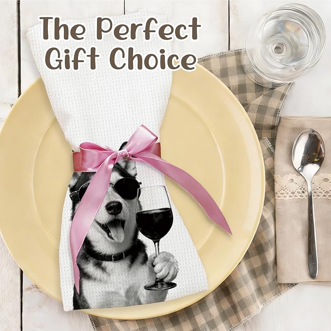 Funny Husky Kitchen Towels Set of 2, Dog Kitchen Bar Accessories, Dog Chef Gifts for Women Decorative Hand Towels for Kitchen Decor, Husky Lovers Dish Tea Towel, 16x24 Inch
