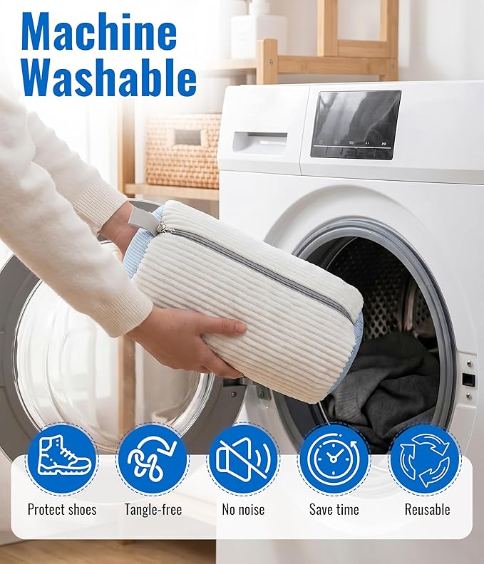 Shoe Washing Machine Bag with Soft Microfiber Bristles, Durable Mesh Laundry Shoe Bag for Sneakers, Reusable Protective Shoe Cleaner Bag with Zipper for Washer & Dryer