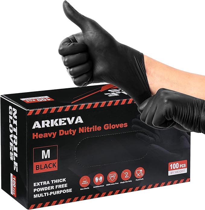 ARKEVA Black Nitrile Disposable Gloves 6 Mil. Chemical Resistance, Tear-Resistance, Latex & Powder Free