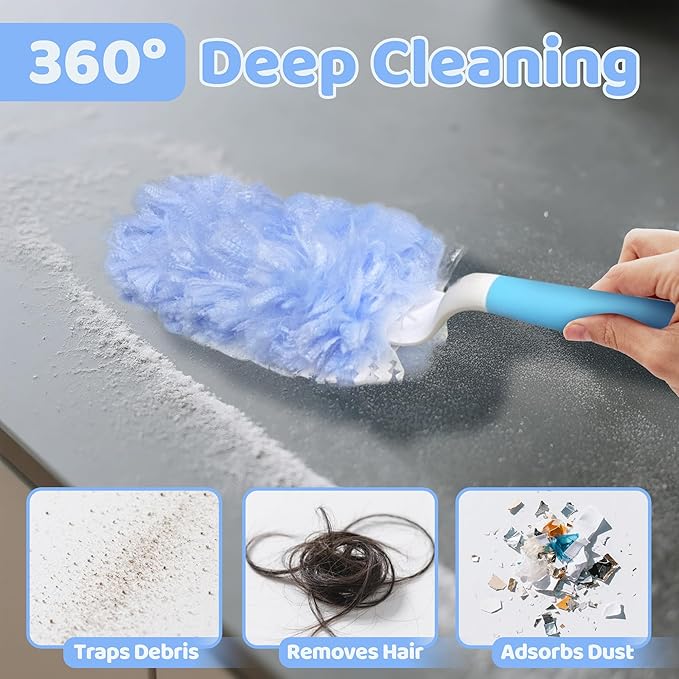 360° Dusters Refills for Cleaning - 80 Count Disposable Feather Duster Kit with 2 Handles, Multi-Surface Microfiber Feather Dusting Cleaner for Furniture Blinds Windows Ceiling Fans (Blue)