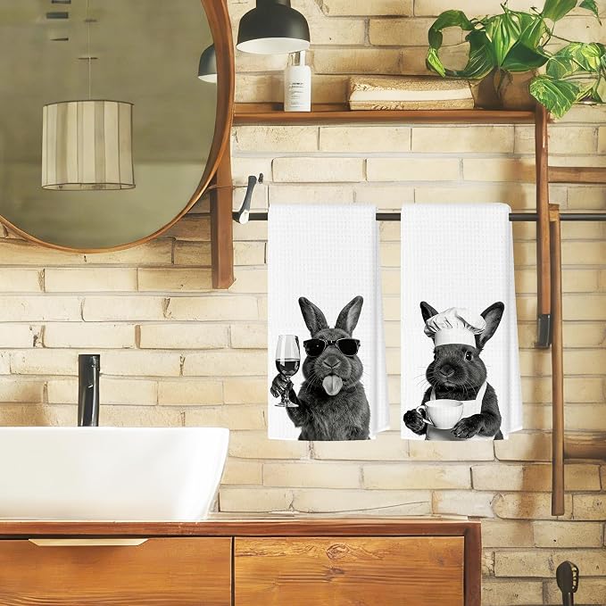 Funny Easter Bunny Wine Coffee Kitchen Towels, Bunny Lovers Gifts Decorative Hand Towels for Kitchen Decor, Rabbit Drink Wine Coffee Dish Tea Towel for Home Bar, 16x24 Inch Set of 2
