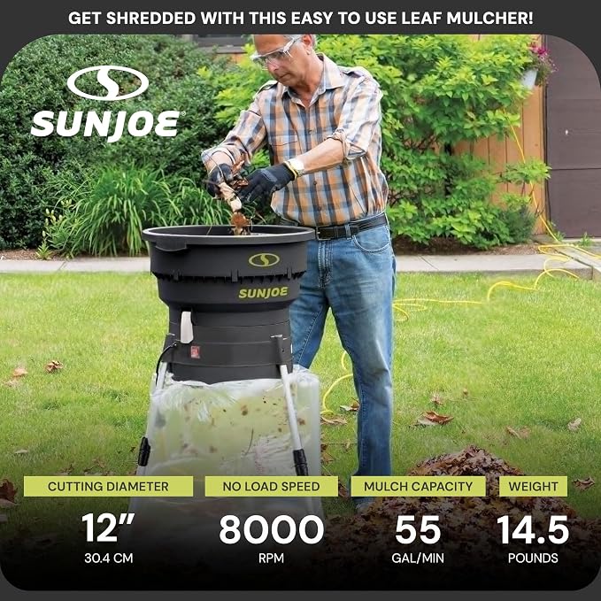 Sun Joe Corded Leaf Mulcher Shredder with Adjustable Control Dial, 8,000 RPM, 13-Amp Motor - Portable Electric Mulching and Shredding Machine for Lawn Care, SDJ616
