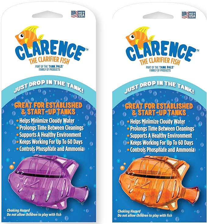 Clarence the Clarifier Fish - 2 pk, Purple-Orange - Aquarium Treatment, Clear Cloudy Fresh-Saltwater, Fish Safe, 10gal Tank Maintenance Ea