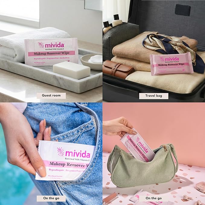 mivida100 Count Hypoallergenic Makeup Remover Wipes Individually Wrapped with Vitamin E | Dermatologist Tested Alcohol-Free, Fragrance-Free face wipes Individully Wrapped