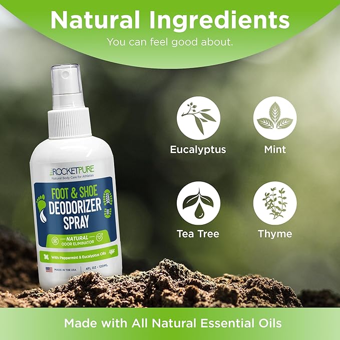 Rocket Pure Natural Foot and Shoe Deodorizer Spray, Deodorant and Odor Eliminator for Smelly Feet, Smell Remover, Formulated with Essential Oils, Made in the USA, Mint, 4 fl oz (Pack of 2)