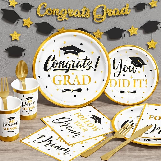 Graduation Decoration Class of 2026, 175PCS Graduation Party Supplies Disposable Dinnerware(Serve 25) with Paper Plates Cup Napkin Fork Knife Spoon College High School Grad Decor(White & Gold)