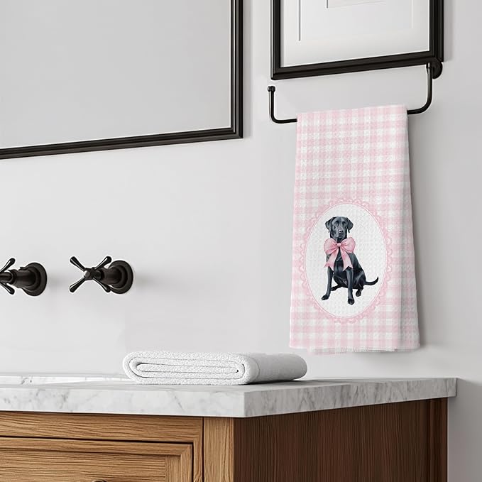 Coquette Pink Bow Black Labrador Retriever Gifts Kitchen Hand Towels for Bathroom，Black Lab Gifts,Coquette Pink Labrador Retriever Dog Girly Bathroom Kitchen Decor,16x24 Inch