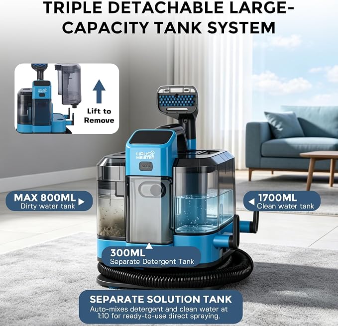 Hausmeister Hydroflex Pro Steam Portable Carpet Spot Cleaner with Steam, 1600W Upholstery Cleaner Machine, 18KPa Strong Suction, Cold/Hot/Steam Modes, Self-Cleaning, for Couch, Car Seats & Rugs