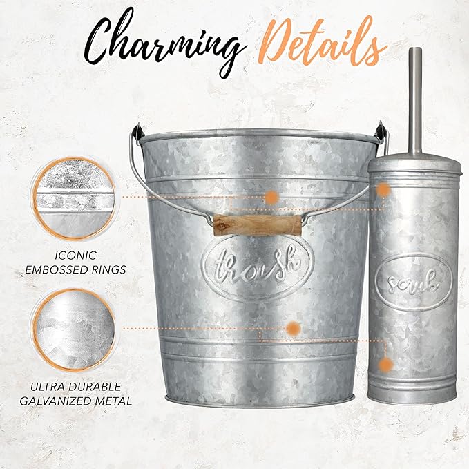 Autumn Alley Rustic Farmhouse Trash Can and Toilet Brush Holder Set - Galvanized Bathroom Trash Can with Matching Toilet Brush, Rustic Farmhouse Bathroom Decor, Grey, 2 Gal.