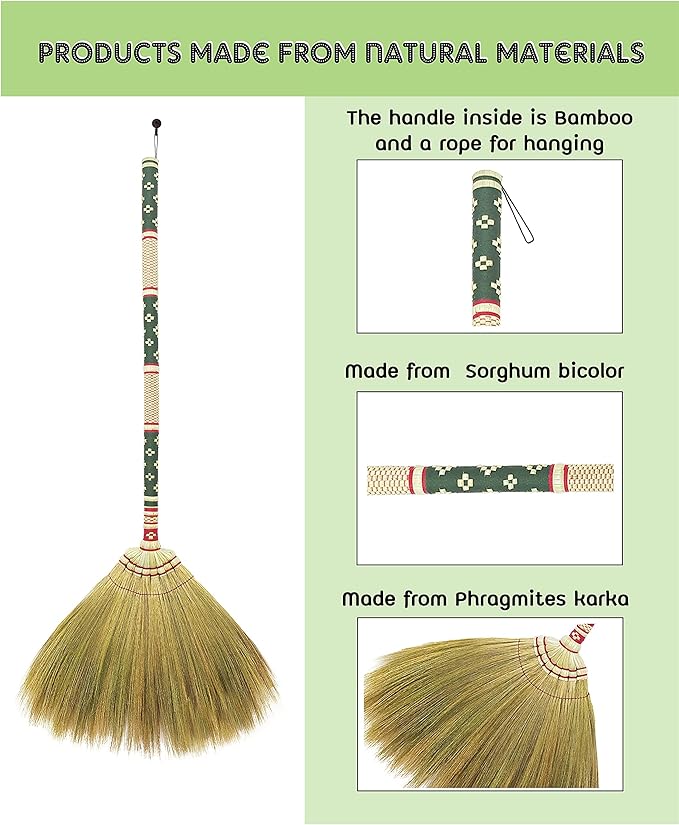 Thai Vintage Retro Grass Broom Stick, Asian Straw for Wedding Jumping, Witch, House, Long With Solid Wood Handle - Primitive Sweeping Dirt Dust Garbage