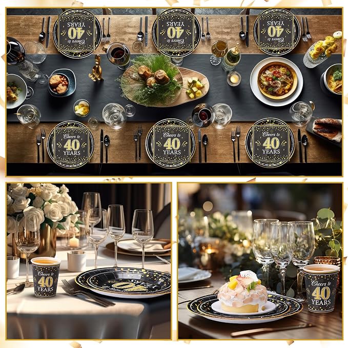 Pickmesh 250 Pcs 40th Birthday Party Supplies Decorations Serve 50 Black Gold Cheers to 40 Years Disposable Paper Plates Napkins and Cups for Women Men 50th Birthday Wedding Anniversary Party Supplies