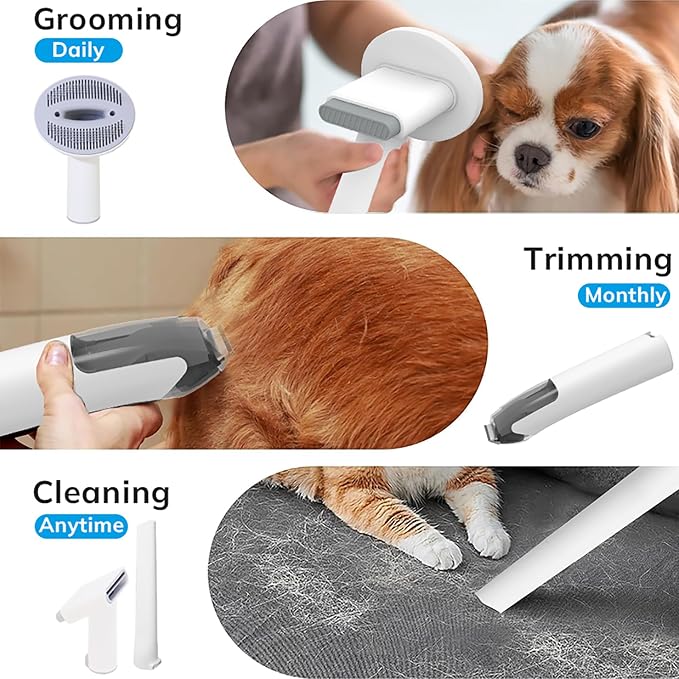 Pet Grooming Vacuum Kit, 1.5L Dust Cup Dog Grooming Vacuum 8 in 1, Dog deshedding Brush with Clipper Low Noise Mess-Free for Shedding Pet Hair, Home Cleaning (White)