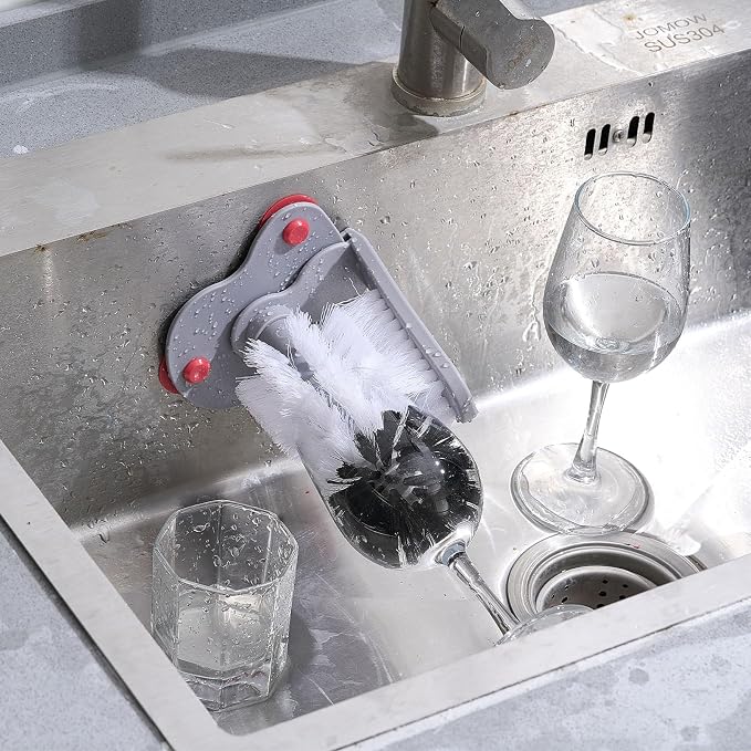 LemonRoad 4 Pack Cup Washer Brush for Sink, 7.48" x 4.92" x 7.48" Double Bristle Glass Washer with Suction Base, Hands-Free Cup Cleaner for Wine Glasses, Beer Mugs, Tumblers, Kitchen Bar Restaurant