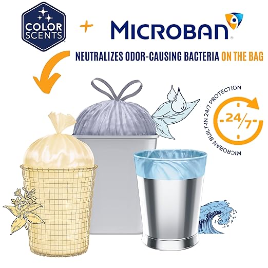 Color Scents Tall Kitchen Trash Bags -13 Gallon, 160 Total Bags (8 Packs of 20 Count), Drawstring - Silver bag in Simply Clean Scent with Microban