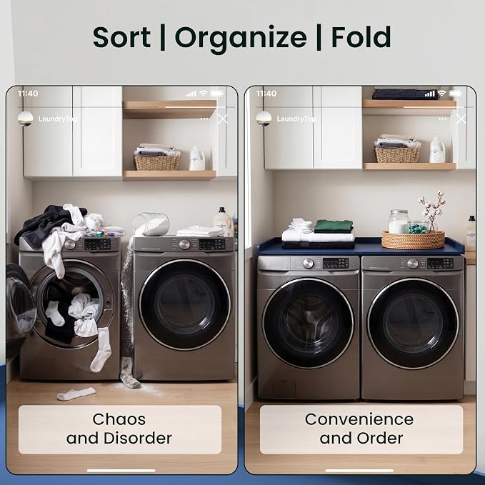 Premium Washer Dryer Countertop 54" W x 27.5" D x 3.1" H, One Solid Base Board Laundry Room Topper with Edge Rails, Washing Machine Top, Painted Finish, Anti-Slip Feet, Engineered Wood, Blue Color