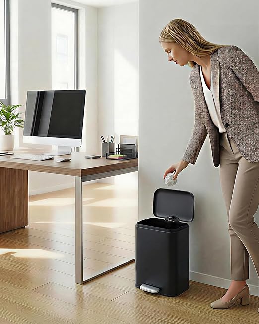 3.2 gal/12L Stainless Steel Kitchen Trash Can, Step-on Recycling Bin with Soft Close Lid, Removable Inner Bucket, Rectangular Wastebasket for Office Living Room, Black