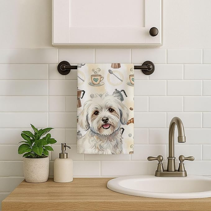 Caroline's Treasures Coton de Tulear Coffee Bar Kitchen Towel Velour Plush Front and Cotton Loop Back Machine Washable