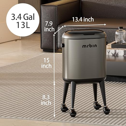 Stainless Steel Slim Bathroom Motion Sensor Trash Can with Lid and Wheels, 13L / 3.4gal Electric Touchless Toilet Waste Basket with Legs for Narrow Vanity, Rvs, Dorm, Kitchen, Eclipse Grey