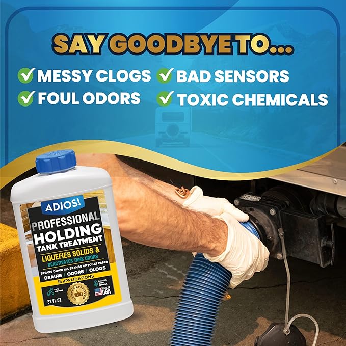 ADIOS! RV Holding Tank Treatment and Deodorizer - Digests Waste, Tissue, Paper for Gray and Black Tanks - Quart (32oz)