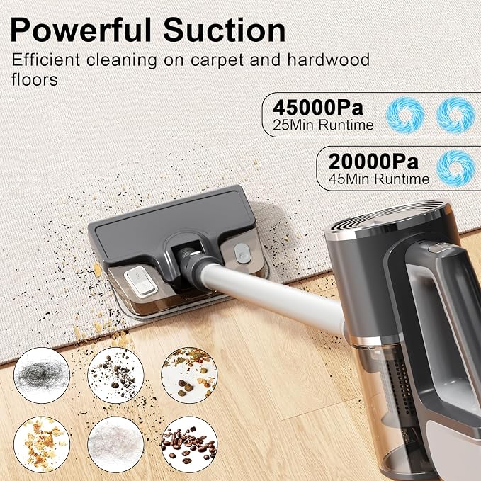 Wet Dry Vacuum Cleaner,Vacuum and Mop All in One，Vacuum Cleaners for Home Up to 45min,45KPA Strong Suction，Anti-Tangle Brush Roll Removable Water Tank for Pet Hair/Carpets/Floors/Car