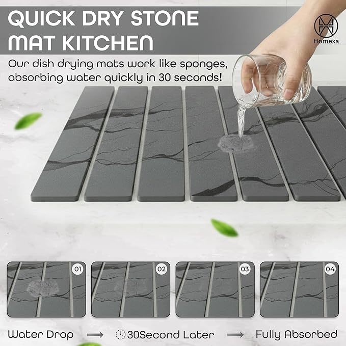 Stone Dish Drying Mat 24" x 16" – Dish Drying Stone – Large Diatomaceous Earth Drying Mat with Non-Slip Base – Quick Dry Kitchen & Bathroom Drying Pad for Dishes Marbled Dark Grey)