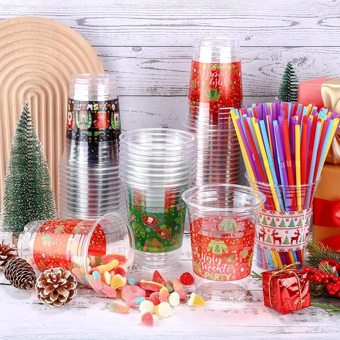 Kochorie 120 Pieces Christmas Sweater Plastic Cups 16 Oz Christmas Disposable Plastic Cups Xmas Tree Santa Reindeer Snow Drinking Cups for Christmas Party Supplies, Merry Christmas Party Decorations