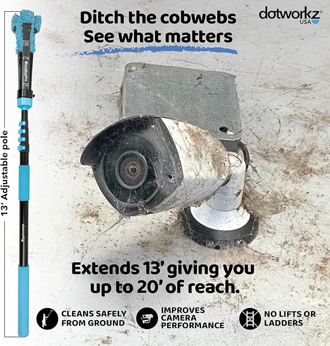 DomeWizard™ Compact Security Camera Cleaning Kit with Pole – Streak-Free Lens Cleaner for Dome, PTZ, Mini Dome & Bullet Cameras – Reusable Microfiber Mitt + 8oz Cleaning Solution