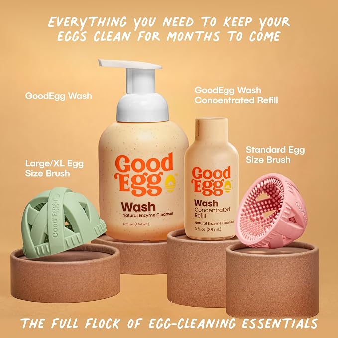 GoodEgg Deluxe Egg Cleaning Kit, 2 Silicone Brushes (Standard & XL) with 12 oz Enzyme Wash & Refill, Egg Washer Scrubber Cleaner for Fresh Eggs, Chicken Coop Accessories, Made in USA