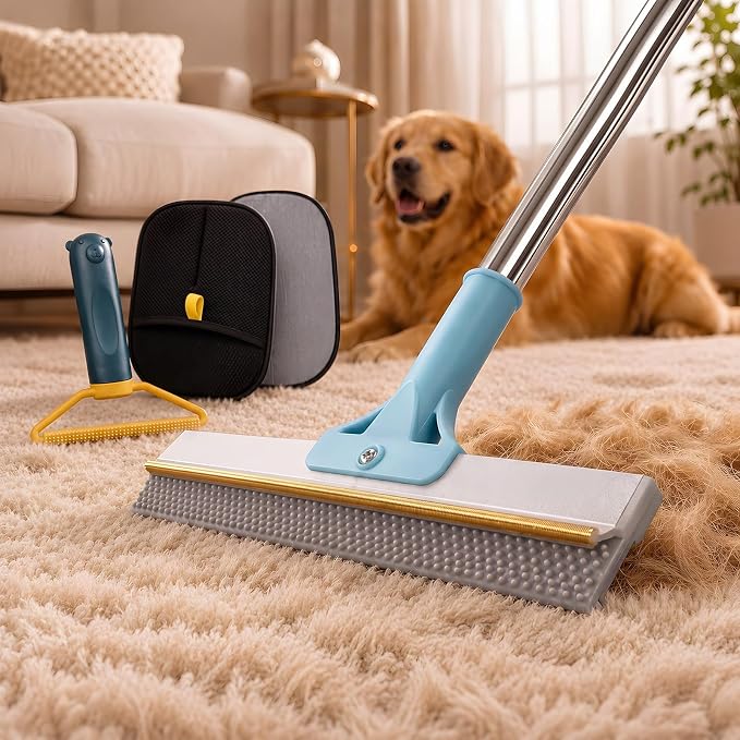 3-in-1 Carpet Rake for Pet Hair Removal, Reusable 54" Adjustable Long Handle Pet Hair Remover for Couch, 3 PCS Carpet Rake Scraper, Pet Hair Broom for Carpet, Rugs, Couch, Floor Scraping