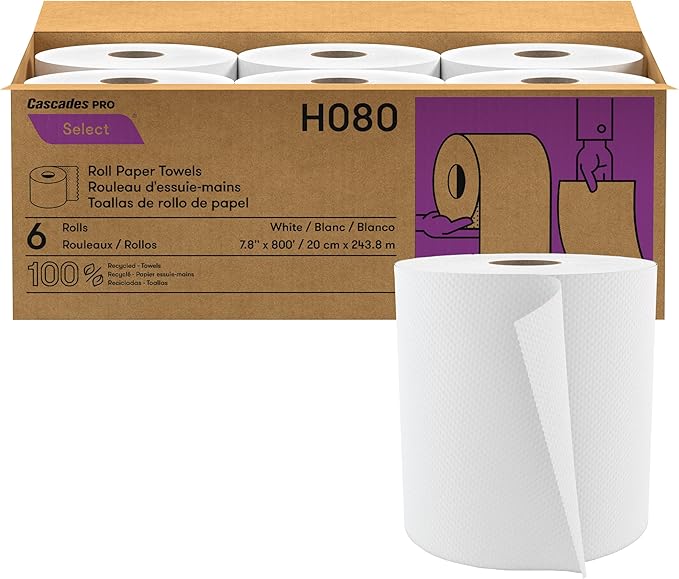 Cascades PRO Select Strong and Absorbent Hand Paper Towels - Suitable for Most Universal Dispensers - Paper Towel Rolls Bulk - 800 Feet/ Roll, 6 Rolls/Pack - H080 - White