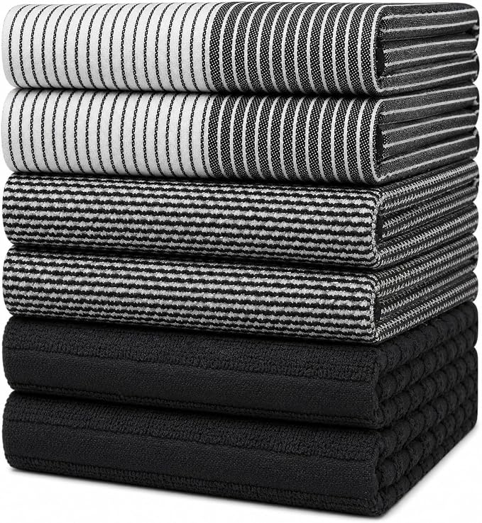 Premium Kitchen Towels (20”x 28”, 6 Pack) | Large Cotton Dish Towels | Flat & Terry Highly Absorbent Kitchen Linen Set with Hanging Loop | Black