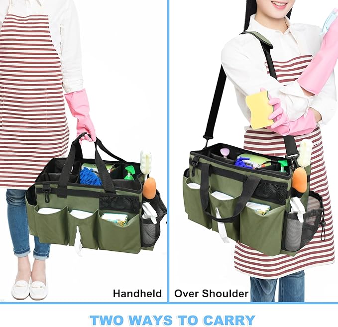 Wearable Cleaning Caddy Bag, Kitchen Supplies Organizer with Handle&Shoulder Strap, Under Sink&Car Cleaning Tool Tote with 4 Foldable Dividers for Housekeepers Cleaners (Army Green)