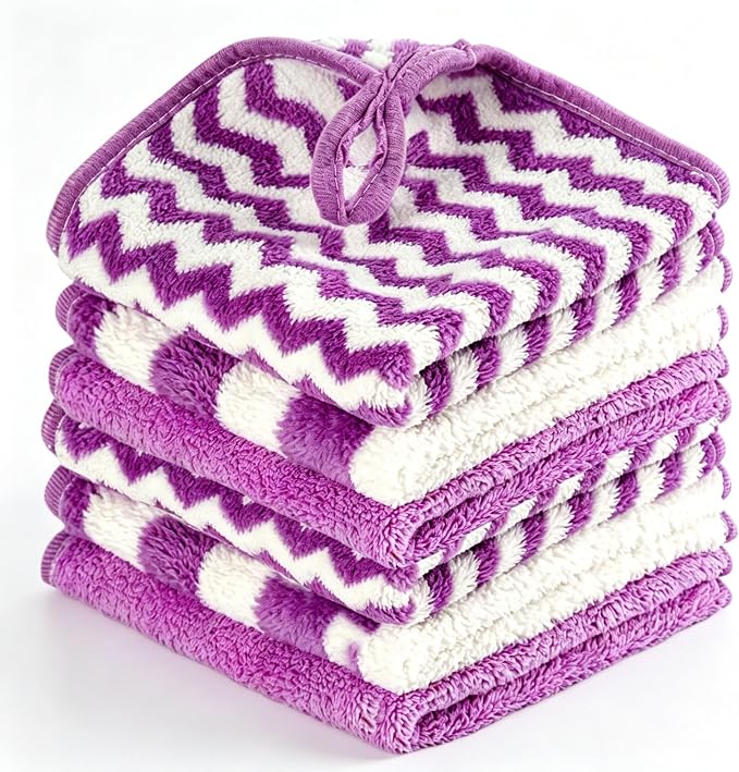 Microfiber Cleaning Cloth 6 Pack, Ultra Soft Absorbent Lint Free Reusable Kitchen Towels with Hanging Loop, 12x12 Inch Purple Dish Towels for Kitchen, Car & Household