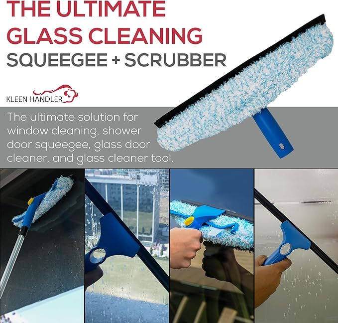 Kleen Handler 3 Pack Professional 14” Window Washing Squeegee, 2-in-1 Window Cleaning Tool, Scrubber and Squeegee Combo, Glass Shower Bathroom Car Pro Window Cleaner (Pack of 3)