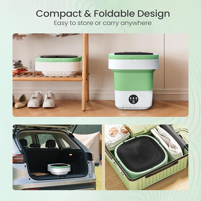 Portable Washing Machine 20L - Mini Washer with Spin Basket, 3 Cleaning Modes & Deep Wash for Small Clothes, Foldable Laundry for Apartment, Home, RV and Travel (Green)