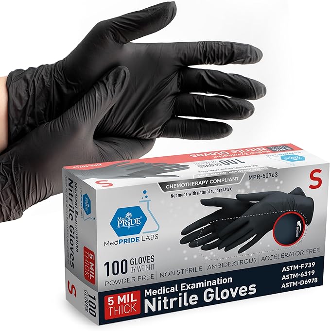 MED PRIDE Nitrile Gloves - Box of 100 Gloves | 5 Mil Thick, Powder-Free, Latex-Free, Lab, Chemotherapy Compliant