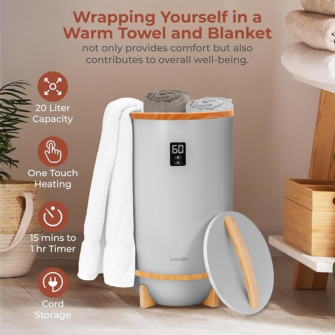 SereneLife Towel Warmers Bucket, with Customized Fragrance for Spa and Bathroom, Luxury Towel Heater Gifts for Him & Her, Auto Shut off, Fits 2 large Towels, Blankets, Bathrobes, PJ's (Grey)