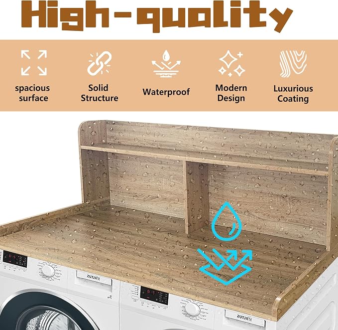 Royxen Washer Dryer Countertop with Extra Tall Shelf, 19" Height Washer and Dryer Topper, Laundry Countertop with Non-Slip Pads, Universal Fit for Laundry Room Organization, White Oak