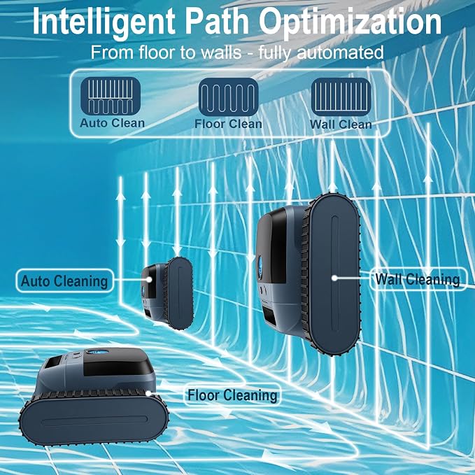 Cordless Robotic Pool Vacuum Cleaner, Intelligent Route Planning, Wall & Waterline Climbing, 120-Min Runtime, for Above Ground/Inground Pools up to 2000 sq. ft, APP Support,Blue