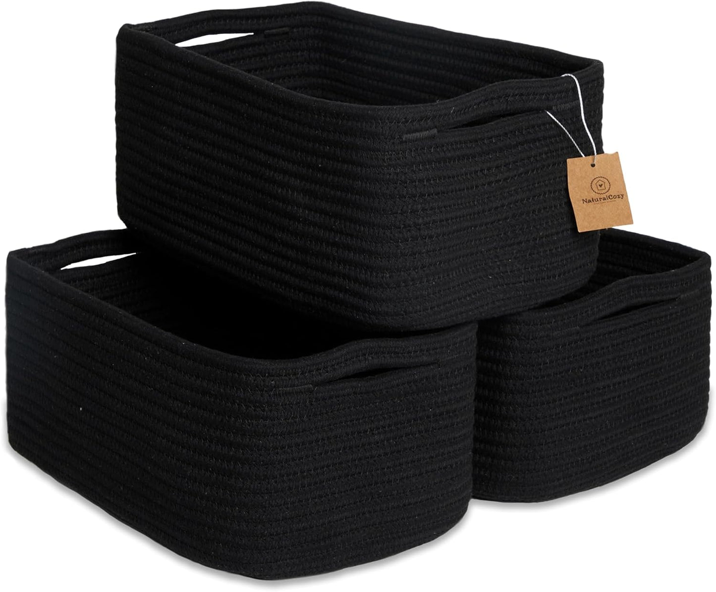 NaturalCozy 13.5”x8.5”x5.5” Rectangle Storage Baskets for Shelves 3 Pack | Cotton Rope Woven Small Baskets for Organizing | Small Storage Bins for Nursery, Bathroom, Closet, Shelf, Decorative