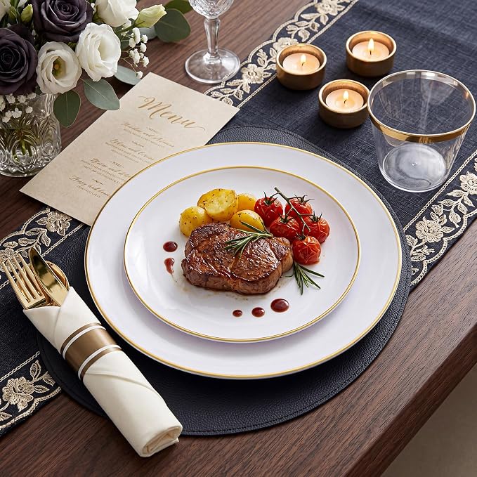 KIRE 175PCS Gold Plates Disposable - Heavy Duty White and Gold Plastic Plates Dinnerware Sets - 25 for Dinner 25 for Dessert 25 Pre Rolled Napkins and 25 Cups for Birthday/Wedding/Party