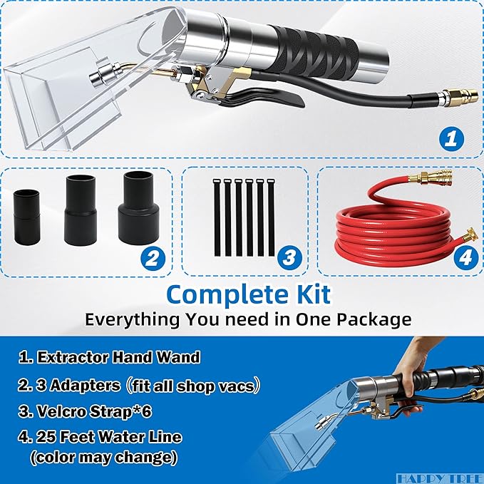Happy Tree Universal Fit All Brands' Shop Vac Extractor Hose Kit Adapter Wet-dry Extraction Accessory for Upholstery & Carpet Cleaning Auto Detailing Wet Vaccum Accessories with 25 Feet Water Hose