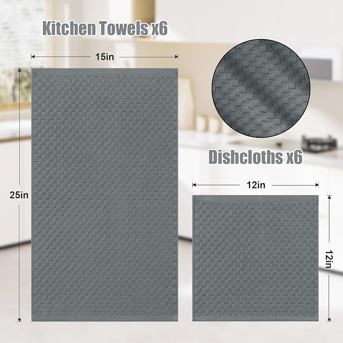 Homaxy 100% Cotton Kitchen Towels and Dishcloths Set, 12 x 12 & 15 x 25 Inches, Set of 12 Bulk Terry Cloth Dish Towels, Super Soft and Absorbent Hand Towel with Hanging Loop, Dark Grey