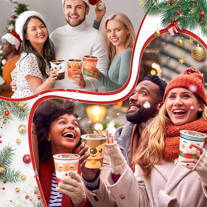 Yaomiao 300 Pcs 9 oz Christmas Paper Cups Elf Snowman Santa Elk Disposable Christmas Hot Cocoa Coffee Cups Bulk for Hot Cocoa Chocolate Beverage Bar for Xmas Holiday Party Supplies