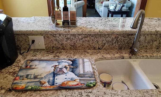 Caroline's Treasures DAC6185DDM American Bulldog The Chef Dish Drying Mat Absorbent Dish Drying Mat Pad for Kitchen Counter Dish Drainer Mat for Countertop, 14 x 21", Multicolor