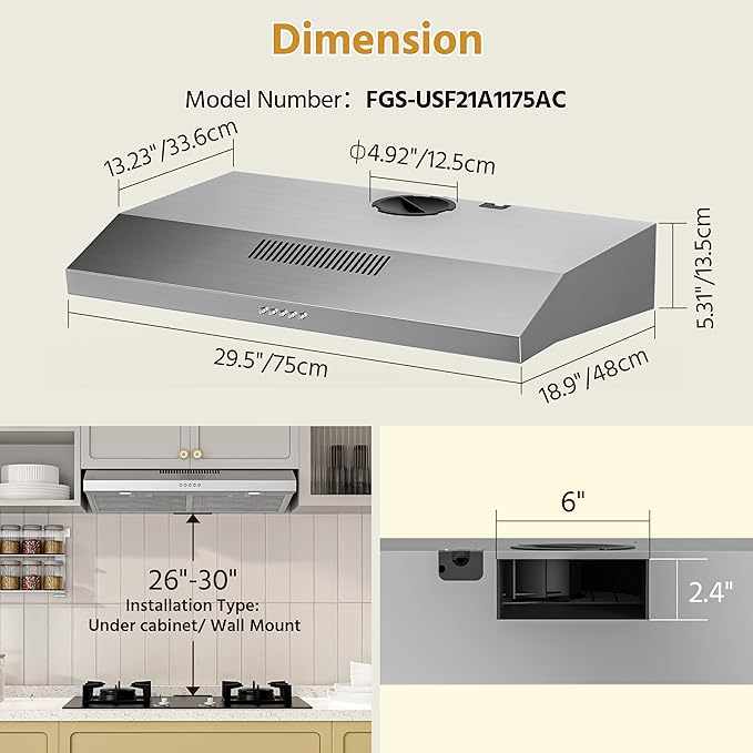 FIREGAS 30 Inch Under Cabinet Range Hood with Quiet Brushless Motor, 300CFM Ducted/Ductless Convertible Vent Hood, 3 Speed Exhaust Fan, LED Light & Reusable Filter, Stainless Steel Kitchen Stove Hood